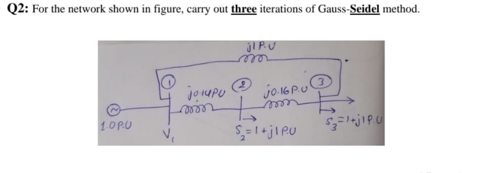 Q2: For the network shown in figure, carry out three iterations of Gauss-Seidel method.
JI PU
joiupu
eer
jo.16P.U
1.0P.U
S= 1+jl PU
