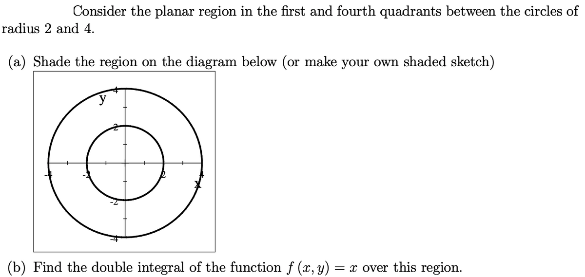 Consider the planar region in the first and fourth quadrants between the circles of
radius 2 and 4.
(a) Shade the region on the diagram below (or make your own shaded sketch)
(b) Find the double integral of the function f (x, y)
= x over this region.
