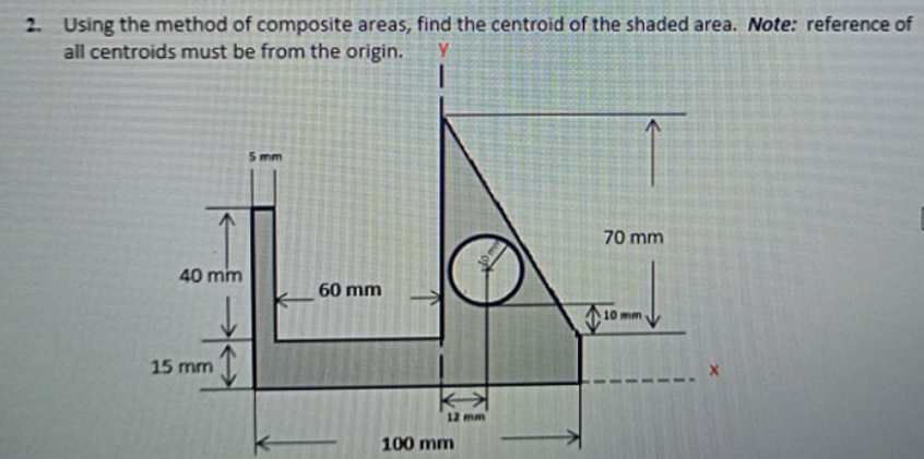 Using the method of composite areas, find the centroid of the shaded area. Note: reference of
all centroids must be from the origin.
2.
5 mm
70 mm
40 mm
60 mm
10 mm
15 mm
12 mm
100 mm
