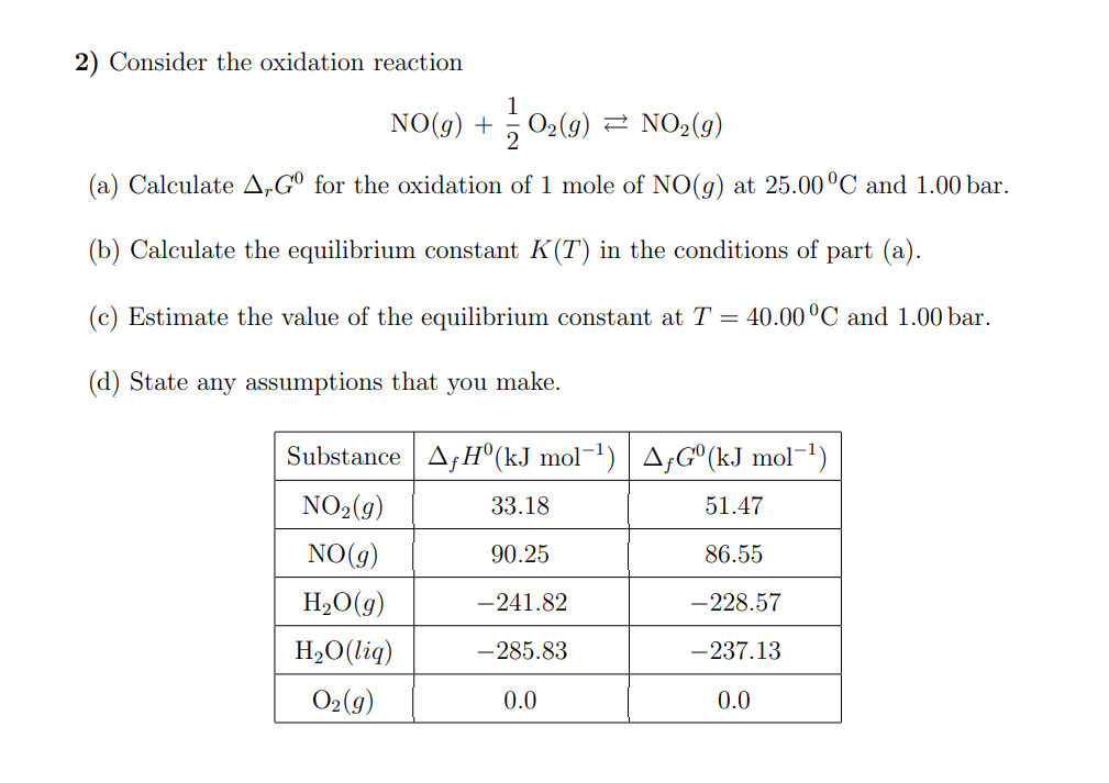 2) Consider the oxidation reaction
NO(g) +
1
O₂(g) ≈ NO₂(g)
(a) Calculate A,Gº for the oxidation of 1 mole of NO(g) at 25.00 °C and 1.00 bar.
(b) Calculate the equilibrium constant K(T) in the conditions of part (a).
(c) Estimate the value of the equilibrium constant at T = 40.00 °C and 1.00 bar.
(d) State any assumptions that you make.
Substance AƒH(kJ mol−¹)| AƒGº(kJ mol−¹)
NO₂(g)
NO(g)
H₂O(g)
H₂O(liq)
O₂(g)
33.18
90.25
-241.82
-285.83
0.0
51.47
86.55
-228.57
-237.13
0.0