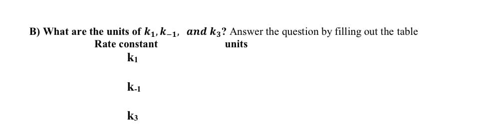 B) What are the units of k₁, k-1, and k3? Answer the question by filling out the table
Rate constant
units
k₁
K-1
K3