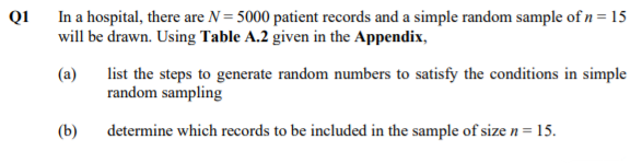 QI
In a hospital, there are N= 5000 patient records and a simple random sample of n = 15
will be drawn. Using Table A.2 given in the Appendix,
(a)
list the steps to generate random numbers to satisfy the conditions in simple
random sampling
(b)
determine which records to be included in the sample of size n = 15.
