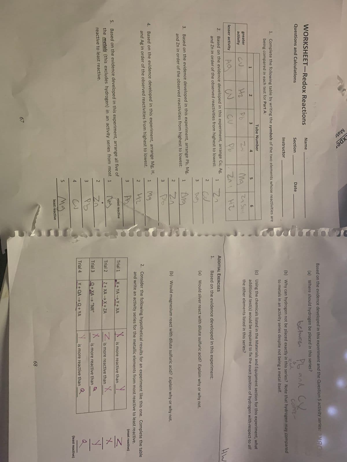 Mats
ədx
4»
Based on the evidence developed in this experiment and the Question 5 activity series:M gO
WORKSHEET-Redox Reactions
(a) Where should hydrogen be placed in this series?
Name
betueen Pb and Cu
co-
Questions and Calculations
Section
Date
lead
(b) Why can hydrogen not be placed exactly in this series? Note that hydrogen may compared
to metals in an activity series despite not being a metal itself.
Instructor
1. Complete the following table by writing the symbols of the two elements whose reactivities are
being compared in each test for Part A:
Tube Number
(c) Using the chemicals listed in the Materials and Equipment section for this experiment, what
additional test(s) would be required to fix the exact position of hydrogen with-respect-to all
4
6.
greater
CU
Hz
Pb
Ma 2n Soul
the other elements listed in this series?
activity
3
CU
Pb
lesser activity
HW
2. Based on the evidence developed in this experiment, arrange Cu, Ag,
1
1 Z7
ADDITIAL EXERCISES
and Zn in order of the observed reactivities from highest to lowest:
1.
Based on the evidence developed in this experiment:
2
(a) Would silver react with dilute sulfuric acid? Explain why or why not.
3
3. Based on the evidence developed in this experiment, arrange Pb, Mg,
1
Ang
and Zn in order of the observed reactivities from highest to lowest:
(b) Would magnesium react with dilute sulfuric acid? Explain why or why not.
3.
4. Based on the evidence developed in this experiment, arrange Mg, H,
Mg
1
and Ag in order of the observed reactivities from highest to lowest.
2. Consider the following hypothetical results for an experiment like this one. Complete the table
H2
and write an activity series for the metallic elements from most reactive to least reactive.
3
(most reactive)
most reactive
Trial 1
X+YAY+XA
is more reactive than
5. Based on the evidence developed in this experiment, arrange all five of
the metals (this excludes hydrogen) in an activity series from most 1
Trial 2
Z+ XA X+ZA
Z is more reactive than
reactive to least reactive.
Trial 3
Q+XA→ "NR"
is more reactive than
3
Trial 4
Y + QA → Q + YA
Y is more reactive than
(least reactive)
Mg
least reactive
68
67
