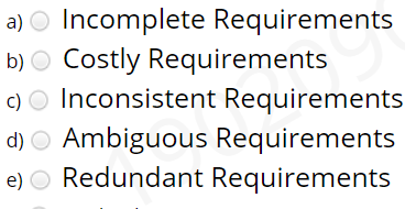 a) O Incomplete Requirements
b) O Costly Requirements
c) O Inconsistent Requirements
d) O Ambiguous Requirements
e) O Redundant Requirements
