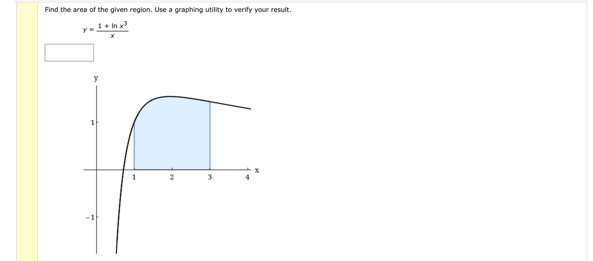 Find the area of the given region. Use a graphing utility to verify your result.
1 + In x³
y =
y
1
X
1
4
-1
3.
