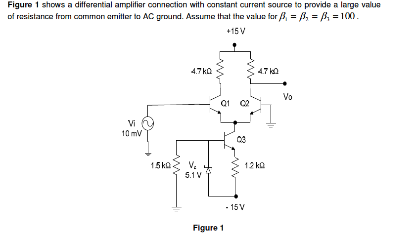 Figure 1 shows a differential amplifier connection with constant current source to provide a large value
of resistance from common emitter to AC ground. Assume that the value for B, = B, = ß, = 100.
+15 V
4.7 kQ
4.7 k2
Vo
Q1
Q2
Vi
10 mV
Q3
1.5 k2
Vz
1.2 k2
5.1 V
- 15 V
Figure 1
