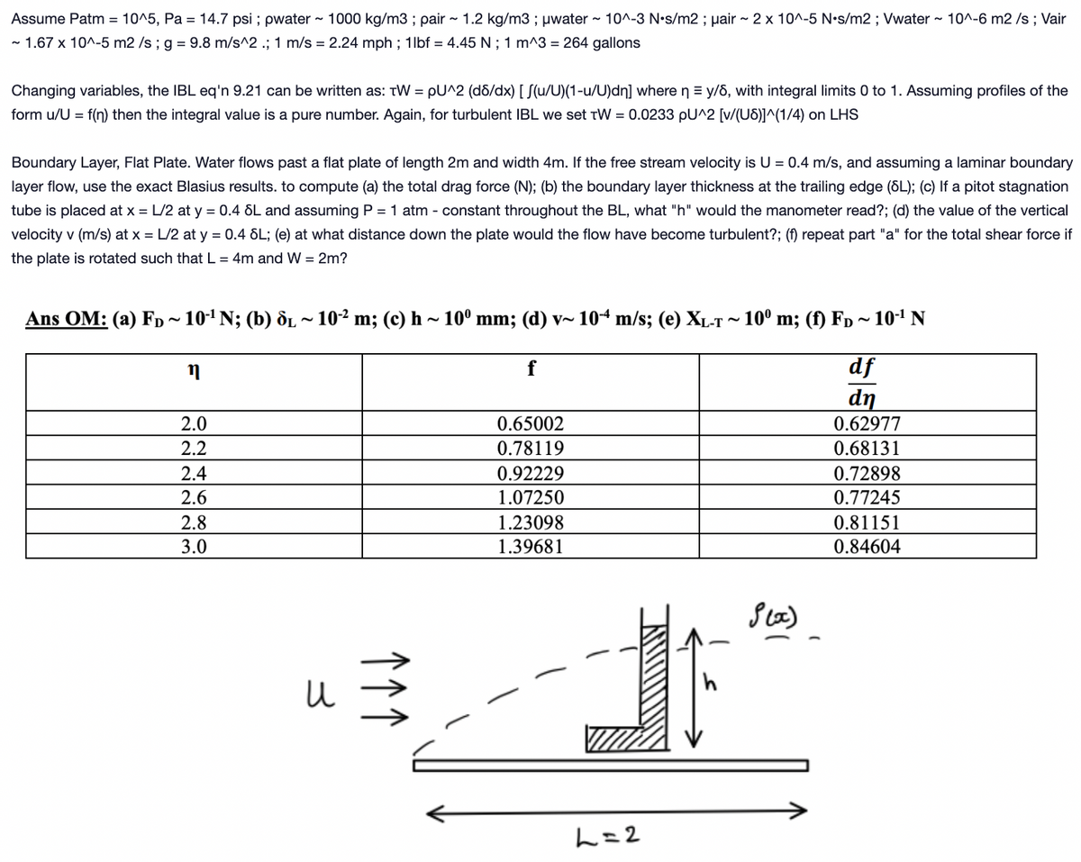 Assume Patm = 10^5, Pa = 14.7 psi; pwater ~ 1000 kg/m3; pair ~ 1.2 kg/m3; μwater ~ 10^-3 N•s/m2; uair ~ 2 x 10^-5 N-s/m2; Vwater ~ 10^-6 m2 /s; Vair
~ 1.67 x 10^-5 m2 /s ; g = 9.8 m/s^2 .; 1 m/s = 2.24 mph; 1lbf = 4.45 N; 1 m^3 = 264 gallons
Changing variables, the IBL eq'n 9.21 can be written as: TW = PU^2 (d8/dx) [S(u/U)(1-u/U)dn] where ny/8, with integral limits 0 to 1. Assuming profiles of the
form u/U = f(n) then the integral value is a pure number. Again, for turbulent IBL we set TW = 0.0233 pU^2 [v/(US)]^(1/4) on LHS
Boundary Layer, Flat Plate. Water flows past a flat plate of length 2m and width 4m. If the free stream velocity is U = 0.4 m/s, and assuming a laminar boundary
layer flow, use the exact Blasius results. to compute (a) the total drag force (N); (b) the boundary layer thickness at the trailing edge (8L); (c) If a pitot stagnation
tube is placed at x = L/2 at y = 0.4 8L and assuming P = 1 atm - constant throughout the BL, what "h" would the manometer read?; (d) the value of the vertical
velocity v (m/s) at x = L/2 at y = 0.4 8L; (e) at what distance down the plate would the flow have become turbulent?; (f) repeat part "a" for the total shear force if
the plate is rotated such that L = 4m and W = 2m?
Ans OM: (a) FD ~ 10-¹ N; (b) dL ~ 10-² m; (c) h ~ 10⁰ mm; (d) v~ 10-4 m/s; (e) XL-T~ 10⁰ m; (f) FD ~ 10-¹ N
df
dn
0.62977
0.68131
0.72898
0.77245
n
NNNN
2.0
2.2
2.4
2.6
2.8
3.0
и
个个个
f
0.65002
0.78119
0.92229
1.07250
1.23098
1.39681
L=2
P(x)
0.81151
0.84604