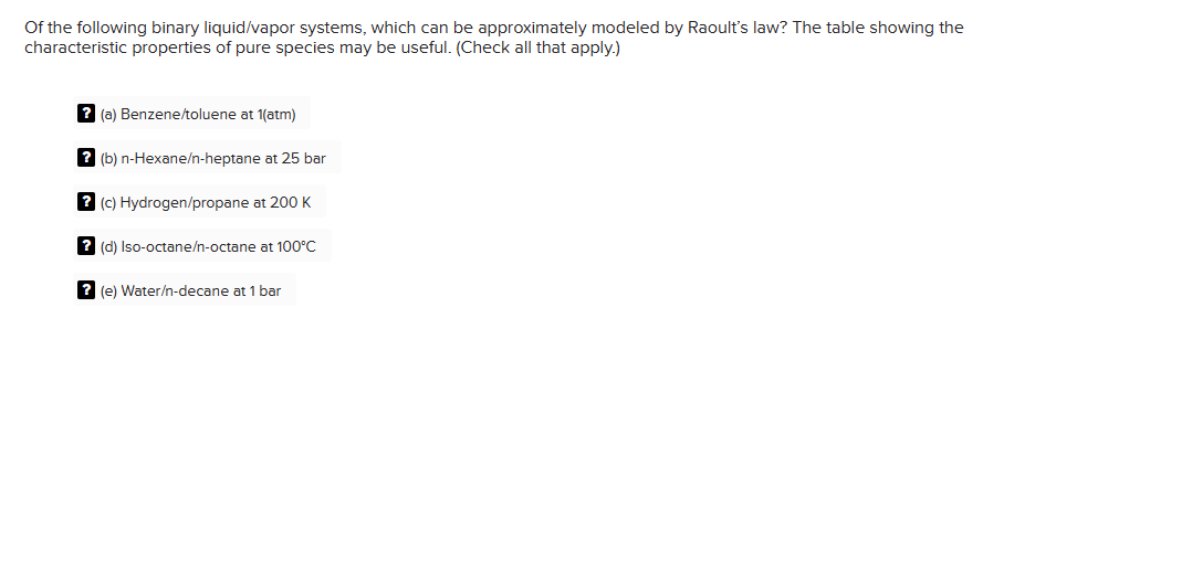 Of the following binary liquid/vapor systems, which can be approximately modeled by Raoult's law? The table showing the
characteristic properties of pure species may be useful. (Check all that apply.)
? (a) Benzene/toluene at 1(atm)
? (b) n-Hexane/n-heptane at 25 bar
? (c) Hydrogen/propane at 200 K
? (d) Iso-octane/n-octane at 100°C
? (e) Water/n-decane at 1 bar