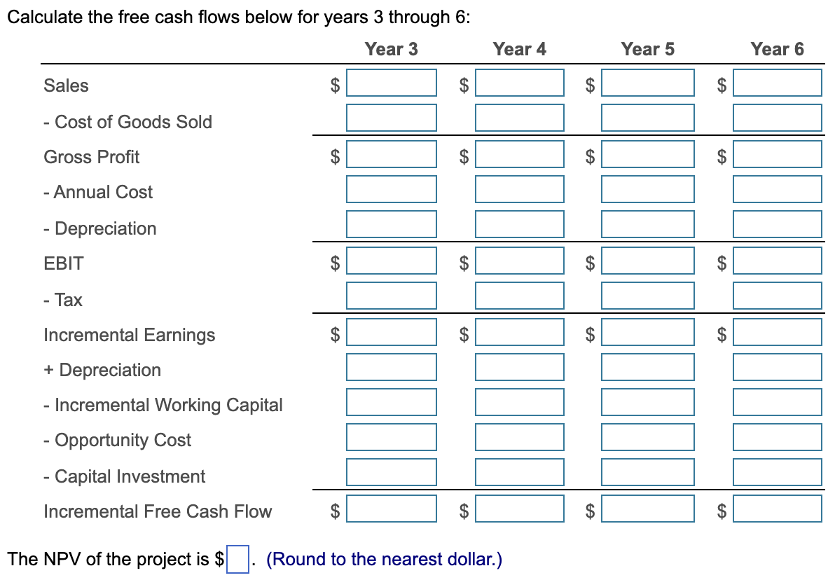 Calculate the free cash flows below for years 3 through 6:
Year 3
$
Year 4
$
Year 5
$
Sales
- Cost of Goods Sold
Gross Profit
- Annual Cost
- Depreciation
EBIT
- Tax
Incremental Earnings
+ Depreciation
- Incremental Working Capital
- Opportunity Cost
-
- Capital Investment
$
ᏌᏊ
$
EA
EA
GA
EA
EA
Incremental Free Cash Flow
The NPV of the project is $ (Round to the nearest dollar.)
$
GA
GA
Year 6
EA
EA
EA