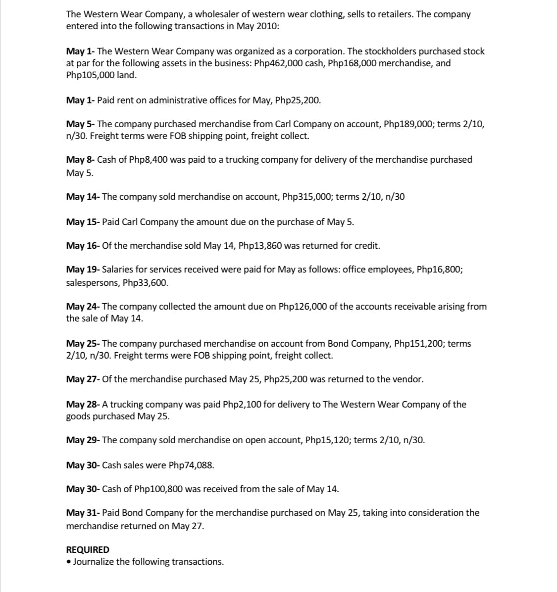 The Western Wear Company, a wholesaler of western wear clothing, sells to retailers. The company
entered into the following transactions in May 2010:
May 1- The Western Wear Company was organized as a corporation. The stockholders purchased stock
at par for the following assets in the business: Php462,000 cash, Php168,000 merchandise, and
Php105,000 land.
May 1- Paid rent on administrative offices for May, Php25,200.
May 5- The company purchased merchandise from Carl Company on account, Php189,000; terms 2/10,
n/30. Freight terms were FOB shipping point, freight collect.
May 8- Cash of Php8,400 was paid to a trucking company for delivery of the merchandise purchased
May 5.
May 14- The company sold merchandise on account, Php315,000; terms 2/10, n/30
May 15- Paid Carl Company the amount due on the purchase of May 5.
May 16- Of the merchandise sold May 14, Php13,860 was returned for credit.
May 19- Salaries for services received were paid for May as follows: office employees, Php16,800;
salespersons, Php33,600.
May 24- The company collected the amount due on Php126,000 of the accounts receivable arising from
the sale of May 14.
May 25- The company purchased merchandise on account from Bond Company, Php151,200; terms
2/10, n/30. Freight terms were FOB shipping point, freight collect.
May 27- Of the merchandise purchased May 25, Php25,200 was returned to the vendor.
May 28- A trucking company was paid Php2,100 for delivery to The Western Wear Company of the
goods purchased May 25.
May 29- The company sold merchandise on open account, Php15,120; terms 2/10, n/30.
May 30- Cash sales were Php74,088.
May 30- Cash of Php100,800 was received from the sale of May 14.
May 31- Paid Bond Company for the merchandise purchased on May 25, taking into consideration the
merchandise returned on May 27.
REQUIRED
• Journalize the following transactions.
