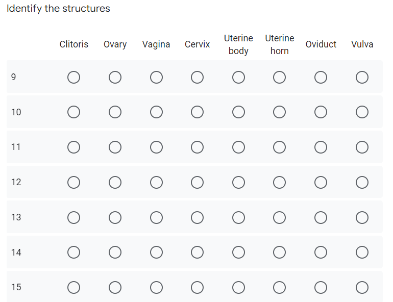 Identify the structures
Uterine Uterine
Clitoris Ovary
Vagina
Cervix
Oviduct
Vulva
body
horn
9.
10
11
12
13
14
15
