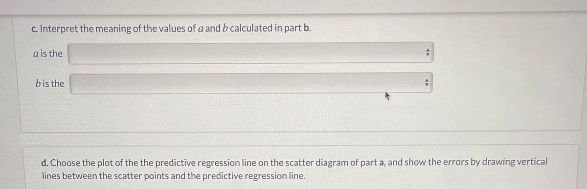 c. Interpret the meaning of the values of a and b calculated in part b.
a is the
bis the
d. Choose the plot of the the predictive regression line on the scatter diagram of part a, and show the errors by drawing vertical
lines between the scatter points and the predictive regression line.
