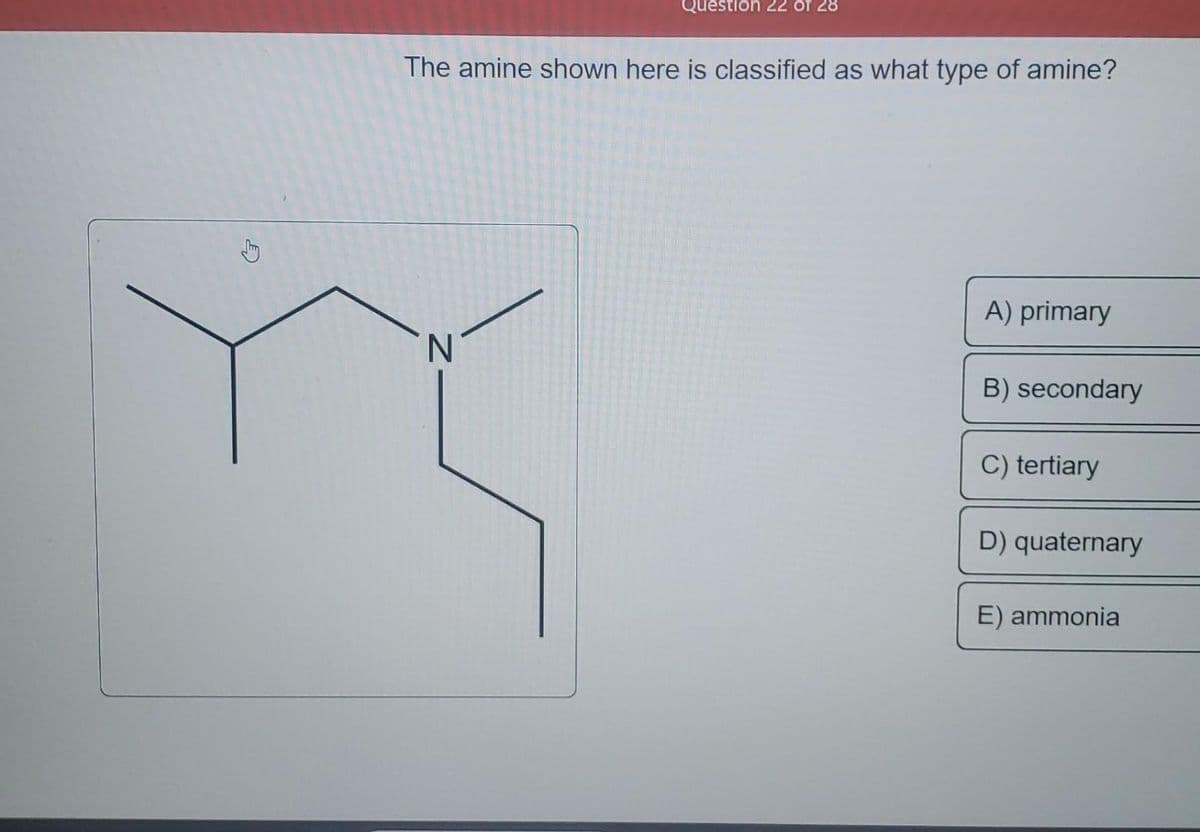 Question 22 of 28
The amine shown here is classified as what type of amine?
N
A) primary
B) secondary
C) tertiary
D) quaternary
E) ammonia