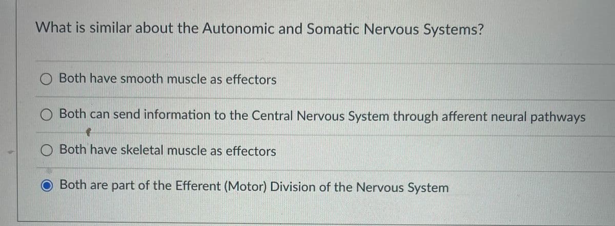 What is similar about the Autonomic and Somatic Nervous Systems?
O Both have smooth muscle as effectors
Both can send information to the Central Nervous System through afferent neural pathways
Both have skeletal muscle as effectors
Both are part of the Efferent (Motor) Division of the Nervous System
