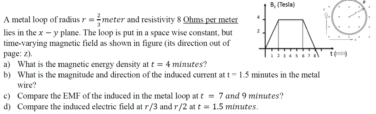 B, (Tesla)
2
4
A metal loop of radius r =
meter and resistivity 8 Ohms per meter
3
lies in the x – y plane. The loop is put in a space wise constant, but
time-varying magnetic field as shown in figure (its direction out of
page: z).
a) What is the magnetic energy density at t
b) What is the magnitude and direction of the induced current at t = 1.5 minutes in the metal
1 2 3 4 5 6 7 8\
t (min)
4 minutes?
wire?
7 and 9 minutes?
c) Compare the EMF of the induced in the metal loop at t =
d) Compare the induced electric field at r/3 and r/2 at t
1.5 minutes.
