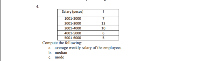 Salary (pesos)
f
1001-2000
2001-3000
12
3001-4000
10
4001-5000
5001-6000
Compute the following:
a. average weekly salary of the employees
b. median
c. mode
4.
