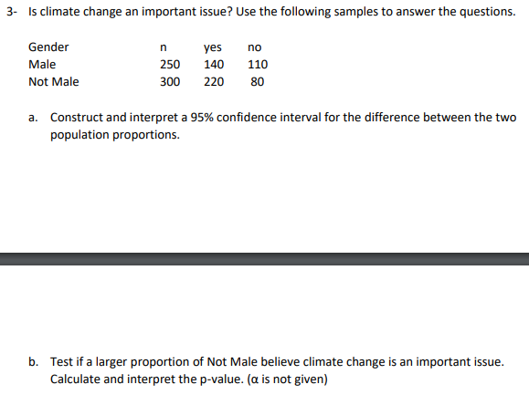 3- Is climate change an important issue? Use the following samples to answer the questions.
Gender
yes
no
Male
250
140
110
Not Male
300
220
80
a. Construct and interpret a 95% confidence interval for the difference between the two
population proportions.
b. Test if a larger proportion of Not Male believe climate change is an important issue.
Calculate and interpret the p-value. (a is not given)
