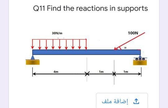 Q11 Find the reactions in supports
100N
30N/m
4m
1m
1m
إضافة ملف
