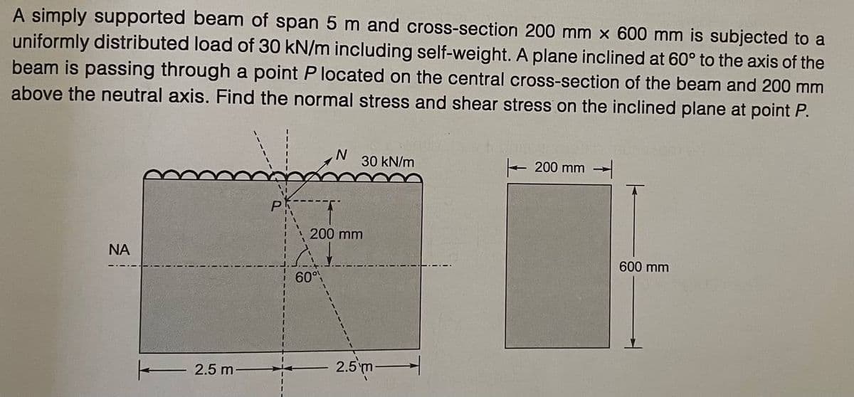 A simply supported beam of span 5 m and cross-section 200 mm x 600 mm is subjected to a
uniformly distributed load of 30 kN/m including self-weight. A plane inclined at 60° to the axis of the
beam is passing through a point P located on the central cross-section of the beam and 200 mm
above the neutral axis. Find the normal stress and shear stress on the inclined plane at point P.
30 kN/m
+ 200 mm
200 mm
NA
600 mm
60°
2.5m-
2.5 m
