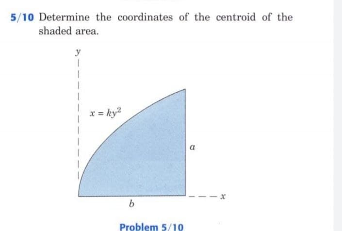 5/10 Determine the coordinates of the centroid of the
shaded area.
y
x = ky2
a
-x
b.
Problem 5/10
