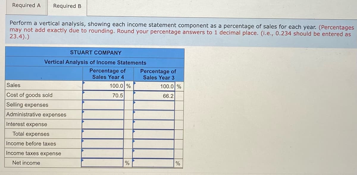 Required A
Required B
Perform a vertical analysis, showing each income statement component as a percentage of sales for each year. (Percentages
may not add exactly due to rounding. Round your percentage answers to 1 decimal place. (i.e., 0.234 should be entered as
23.4).)
STUART COMPANY
Vertical Analysis of Income Statements
Percentage of
Sales Year 4
Percentage of
Sales Year 3
Sales
100.0 %
100.0 %
Cost of goods sold
70.5
66.2
Selling expenses
Administrative expenses
Interest expense
Total expenses
Income before taxes
Income taxes expense
Net income
%
