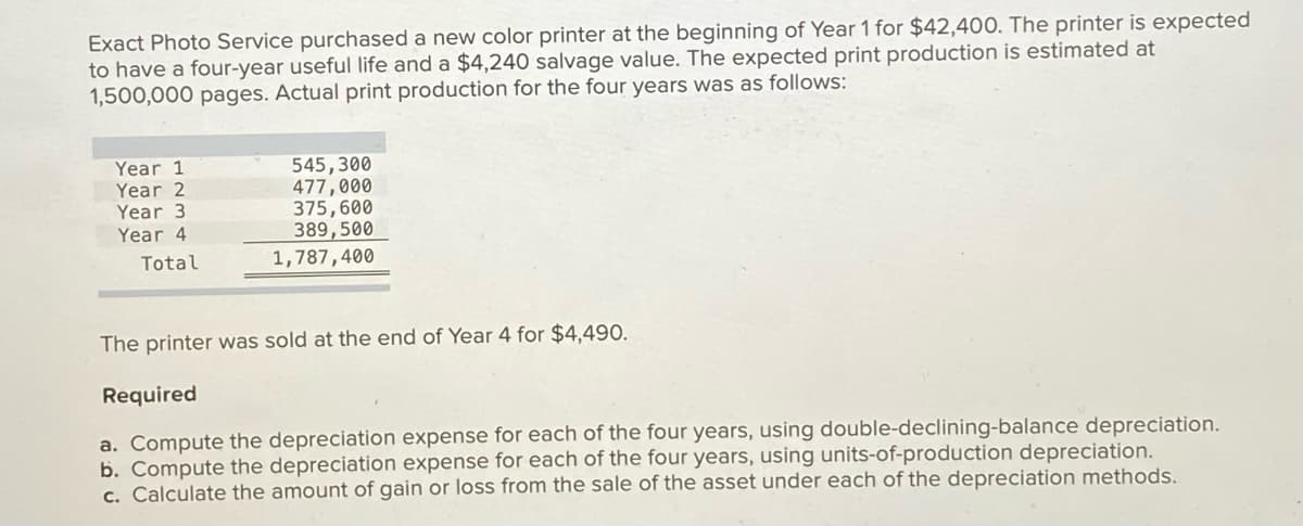 Exact Photo Service purchased a new color printer at the beginning of Year 1 for $42,400. The printer is expected
to have a four-year useful life and a $4,240 salvage value. The expected print production is estimated at
1,500,000 pages. Actual print production for the four years was as follows:
Year 1
Year 2
Year 3
Year 4
545,300
477,000
375,600
389,500
Total
1,787,400
The printer was sold at the end of Year 4 for $4,490.
Required
a. Compute the depreciation expense for each of the four years, using double-declining-balance depreciation.
b. Compute the depreciation expense for each of the four years, using units-of-production depreciation.
c. Calculate the amount of gain or loss from the sale of the asset under each of the depreciation methods.
