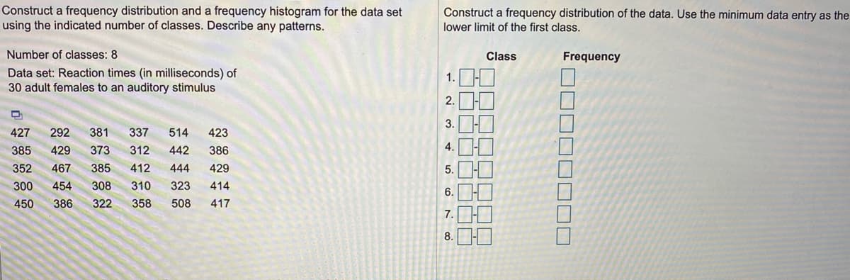 Construct a frequency distribution and a frequency histogram for the data set
using the indicated number of classes. Describe any patterns.
Construct a frequency distribution of the data. Use the minimum data entry as the
lower limit of the first class.
Number of classes: 8
Class
Frequency
Data set: Reaction times (in milliseconds) of
1. O
2. D0
3. D0
4. I
5. DO
6. I
7.
30 adult females to an auditory stimulus
427
292
381
337
514
423
385
429
373
312
442
386
352
467
385
412
444
429
300
454
308
310
323
414
450
386
322
358
508
417
8.
