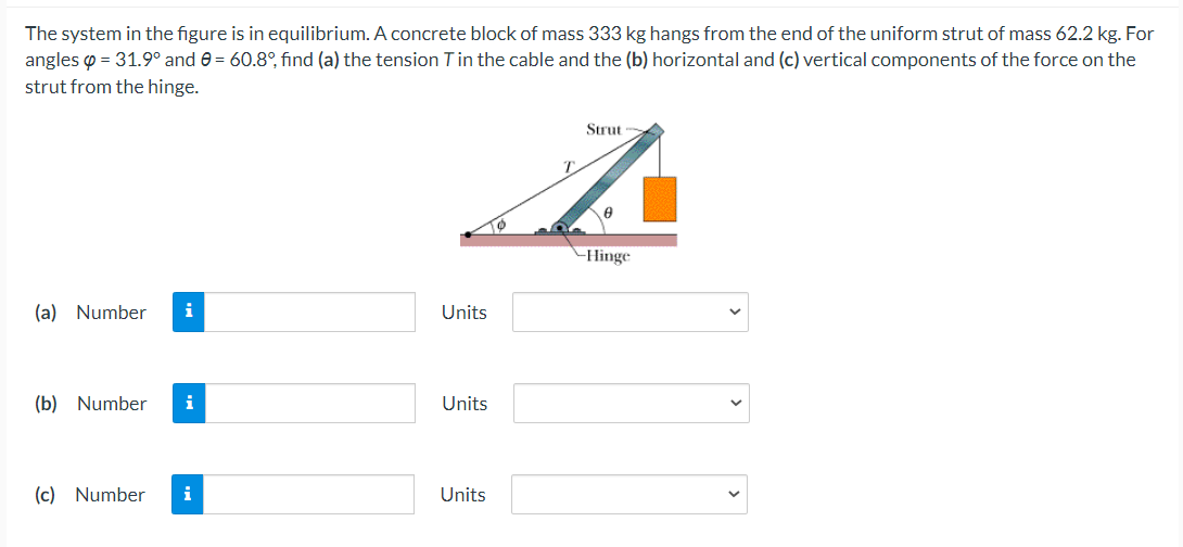 The system in the figure is in equilibrium. A concrete block of mass 333 kg hangs from the end of the uniform strut of mass 62.2 kg. For
angles o = 31.9° and e = 60.8°, find (a) the tension Tin the cable and the (b) horizontal and (c) vertical components of the force on the
strut from the hinge.
Strut
T.
-Hinge
(a) Number
i
Units
(b) Number
i
Units
(c) Number
i
Units
