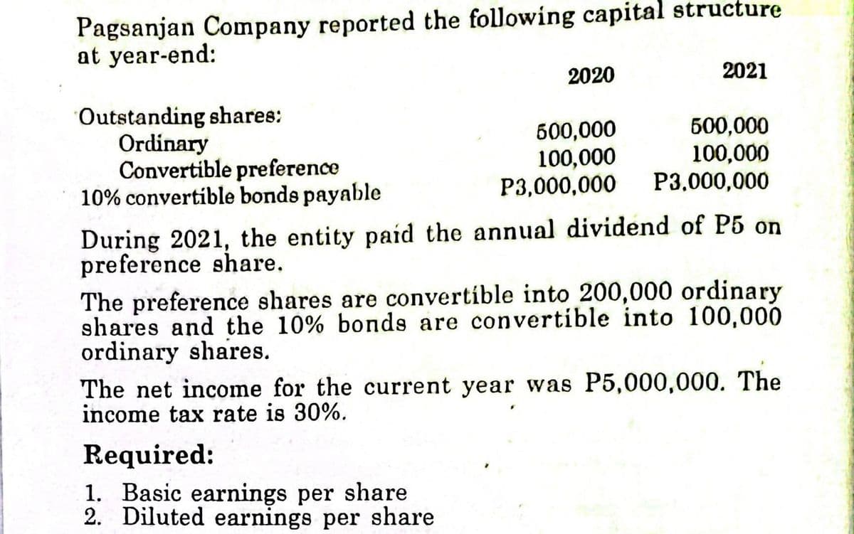 Pagsanjan Company reported the following capital structure
at year-end:
2020
2021
Outstanding shares:
Ordinary
Convertible preference
10% convertible bonds payable
600,000
100,000
P3,000,000
500,000
100,000
P3,000,000
During 2021, the entity paid the annual dividend of P5 on
preference share.
The preference shares are convertíble into 200,000 ordinary
shares and the 10% bonds are convertible into 100,000
ordinary shares.
The net income for the current year was P5,000,000. The
income tax rate is 30%.
Required:
1. Basic earnings per share
2. Diluted earnings per share
