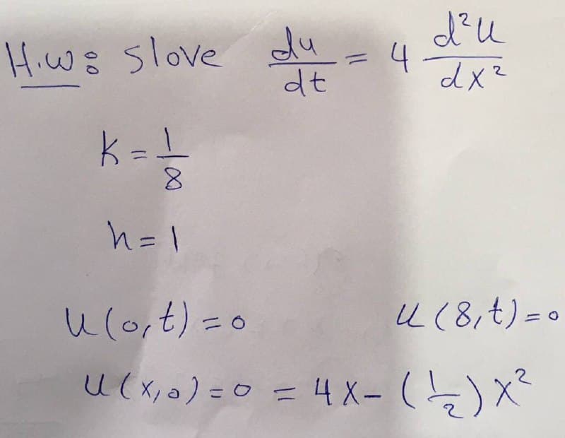 Hiws slove du
4
dt
%3D
dx²
k-
K=
h=I
u(6,t) =
u (8,t) =0
U(x, a) =0 :
4 X- ()x²
|
