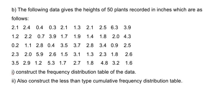 b) The following data gives the heights of 50 plants recorded in inches which are as
follows:
2.1 2.4 0.4 0.3 2.1
1.3 2.1 2.5 6.3 3.9
1.2 2.2 0.7 3.9 1.7 1.9
1.4
1.8 2.0 4.3
0.2 1.1 2.8 0.4
3.5 3.7 2.8 3.4 0.9 2.5
2.3 2.0 5.9
2.6 1.5 3.1
1.3 2.3 1.8
2.6
3.5 2.9 1.2 5.3 1.7
2.7
1.8
4.8 3.2 1.6
i) construct the frequency distribution table of the data.
ii) Also construct the less than type cumulative frequency distribution table.
