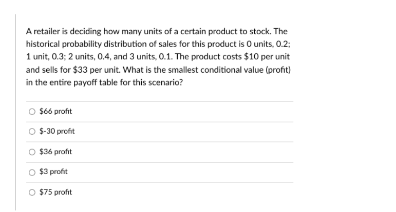 A retailer is deciding how many units of a certain product to stock. The
historical probability distribution of sales for this product is O units, 0.2;
1 unit, 0.3; 2 units, 0.4, and 3 units, 0.1. The product costs $10 per unit
and sells for $33 per unit. What is the smallest conditional value (profit)
in the entire payoff table for this scenario?
O $66 profit
O $-30 profit
O $36 profit
O $3 profit
O $75 profit
