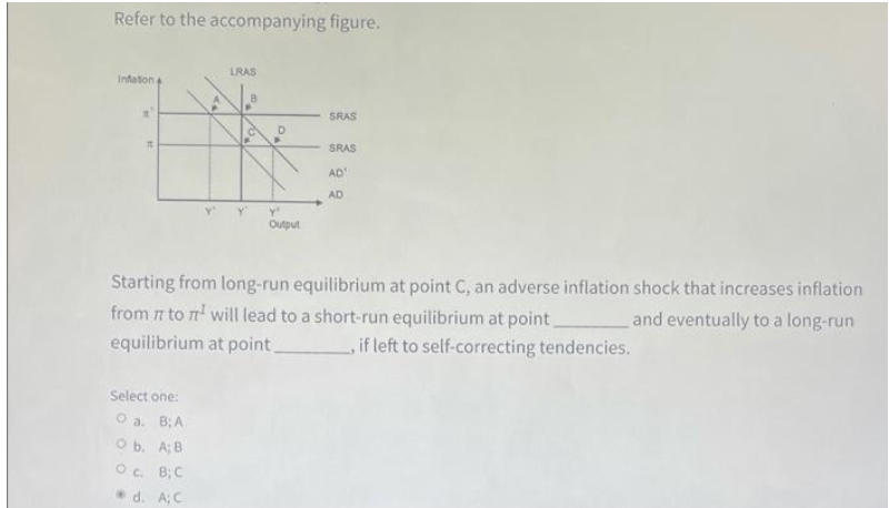 Refer to the accompanying figure.
LRAS
Infaton
SRAS
SRAS
AD"
AD
Output
Starting from long-run equilibrium at point C, an adverse inflation shock that increases inflation
from n to n' will lead to a short-run equilibrium at point.
equilibrium at point
and eventually to a long-run
,if left to self-correcting tendencies.
Select one:
O a. B; A
O b. A; B
O c. B;C
*d. A; C
