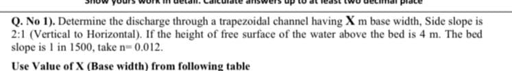 Q. No 1). Determine the discharge through a trapezoidal channel having X m base width, Side slope is
2:1 (Vertical to Horizontal). If the height of free surface of the water above the bed is 4 m. The bed
slope is 1 in 1500, take n- 0.012.
Use Value of X (Base width) from following table
