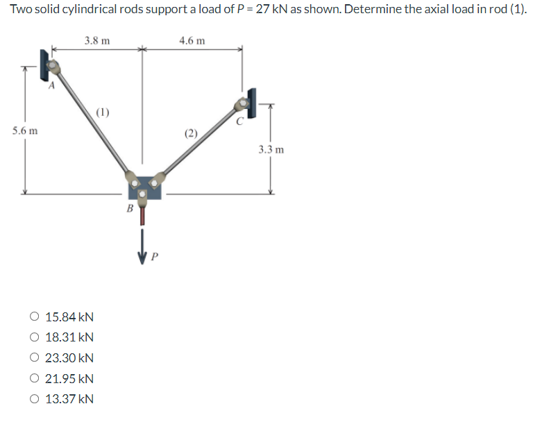 Two solid cylindrical rods support a load of P = 27 kN as shown. Determine the axial load in rod (1).
3.8 m
4.6 m
(1)
5.6 m
3.3 m
15.84 kN
O 18.31 KN
O 23.30 KN
21.95 KN
O 13.37 kN
B