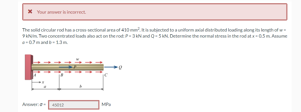 * Your answer is incorrect.
The solid circular rod has a cross-sectional area of 410 mm². It is subjected to a uniform axial distributed loading along its length of w=
9 kN/m. Two concentrated loads also act on the rod: P = 3 kN and Q = 5 kN. Determine the normal stress in the rod at x = 0.5 m. Assume
a = 0.7 m and b = 1.3 m.
W
B
>x
45012
MPa
a
Answer: 0 =
b