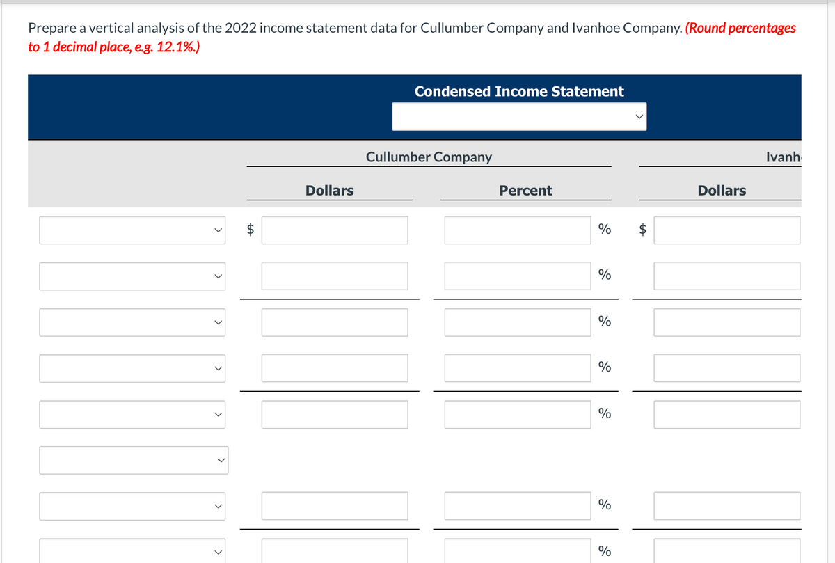 Prepare a vertical analysis of the 2022 income statement data for Cullumber Company and Ivanhoe Company. (Round percentages
to 1 decimal place, e.g. 12.1%.)
<
>
>
<
Dollars
Condensed Income Statement
Cullumber Company
Percent
%
%
%
%
%
%
%
LA
Dollars
Ivanh