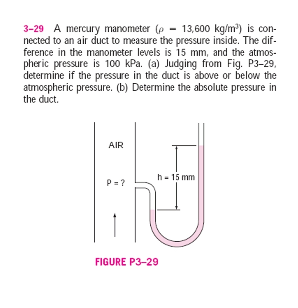 13,600 kg/m) is con-
3–29 A mercury manometer (p
nected to an air duct to measure the pressure inside. The dif-
ference in the manometer levels is 15 mm, and the atmos-
pheric pressure is 100 kPa. (a) Judging from Fig. P3-29,
determine if the pressure in the duct is above or below the
atmospheric pressure. (b) Determine the absolute pressure in
the duct.
AIR
h = 15 mm
P = ?
FIGURE P3-29
