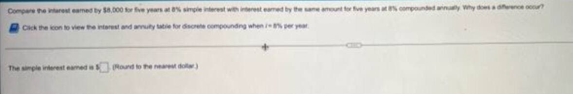 Compare the intarost eamed by $8,000 for five years at 8% simple interest with interest earmed by the same amount for five years at 8% compounded annaly Why does a diference occur?
Cick the icon to view the interest and annuity table for discrete compounding when i% per year
The simple interest eamed is (Round to the nearest dollar)
