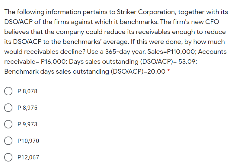 The following information pertains to Striker Corporation, together with its
DSO/ACP of the firms against which it benchmarks. The firm's new CFO
believes that the company could reduce its receivables enough to reduce
its DSO/ACP to the benchmarks' average. If this were done, by how much
would receivables decline? Use a 365-day year. Sales=P110,000; Accounts
receivable= P16,000; Days sales outstanding (DSO/ACP)= 53.09;
Benchmark days sales outstanding (DSO/ACP)=20.00 *
P 8,078
O P 8,975
P 9,973
P10,970
P12,067
