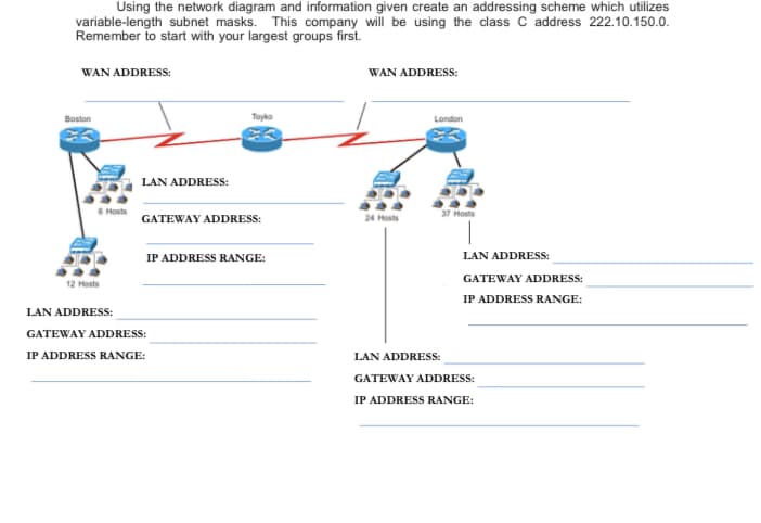 Using the network diagram and information given create an addressing scheme which utilizes
variable-length subnet masks. This company will be using the class C address 222.10.150.0.
Remember to start with your largest groups first.
WAN ADDRESS:
Boston
12 Hosts
LAN ADDRESS:
Toyko
GATEWAY ADDRESS:
IP ADDRESS RANGE:
LAN ADDRESS:
GATEWAY ADDRESS:
IP ADDRESS RANGE:
WAN ADDRESS:
24 Hosts
London
37 Hosts
LAN ADDRESS:
LAN ADDRESS:
GATEWAY ADDRESS:
IP ADDRESS RANGE:
GATEWAY ADDRESS:
IP ADDRESS RANGE: