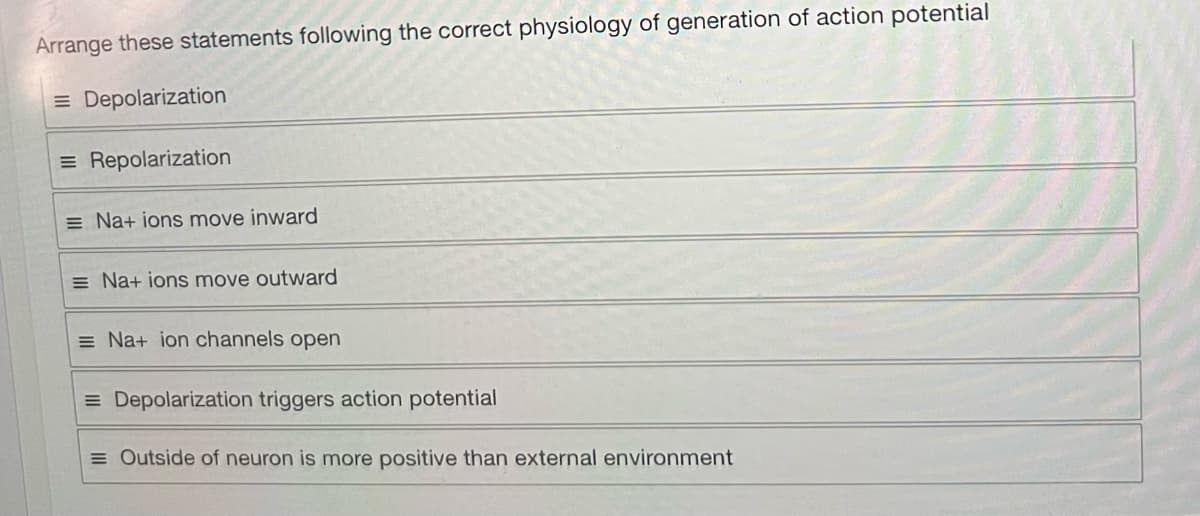Arrange these statements following the correct physiology of generation of action potential
= Depolarization
= Repolarization
= Na+ ions move inward
= Na+ ions move outward
= Na+ ion channels open
= Depolarization triggers action potential
= Outside of neuron is more positive than external environment