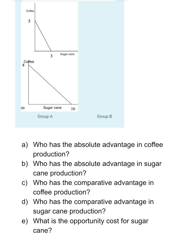 Coffee
5
Sugar cane
3
Coffee
8
00
Sugar cane
10
Group A
Group B
a) Who has the absolute advantage in coffee
production?
b) Who has the absolute advantage in sugar
cane production?
c) Who has the comparative advantage in
coffee production?
d) Who has the comparative advantage in
sugar cane production?
e) What is the opportunity cost for sugar
cane?
