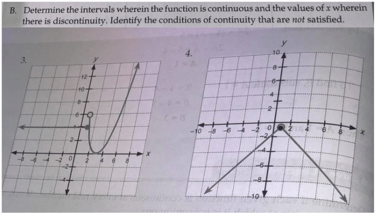 B. Determine the intervals wherein the function is continuous and the values of x wherein
there is discontinuity. Identify the conditions of continuity that are not satisfied.
y
4.
10
3.
12
10
-10 48
-8.
