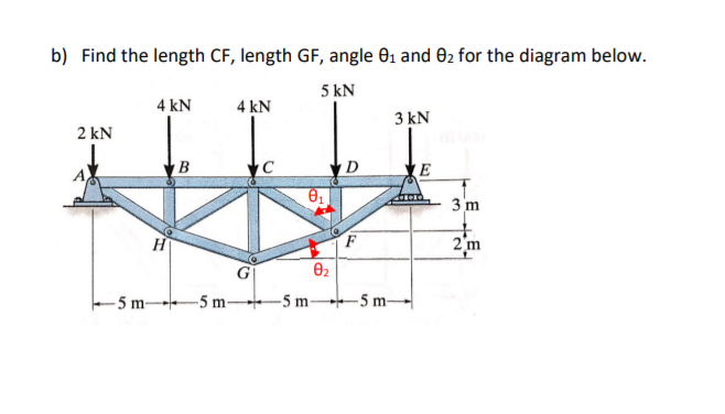 b) Find the length CF, length GF, angle 01 and 02 for the diagram below.
5 kN
4 kN
4 kN
3 kN
2 kN
B
D
E
3 m
H
2'm
- 5 m 5 m-
-5 m -5 m-
