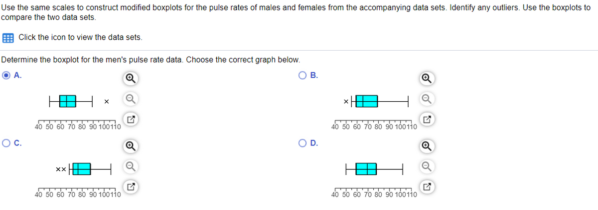 Use the same scales to construct modified boxplots for the pulse rates of males and females from the accompanying data sets. Identify any outliers. Use the boxplots to
compare the two data sets.
: Click the icon to view the data sets
Determine the boxplot for the men's pulse rate data. Choose the correct graph below.
O B.
40 50 60 70 80 90 100110
40 50 60 70 80 90 100110
OC.
OD.
XX
40 50 60 70 80 90 100110
40 50 60 70 80 90 100110
