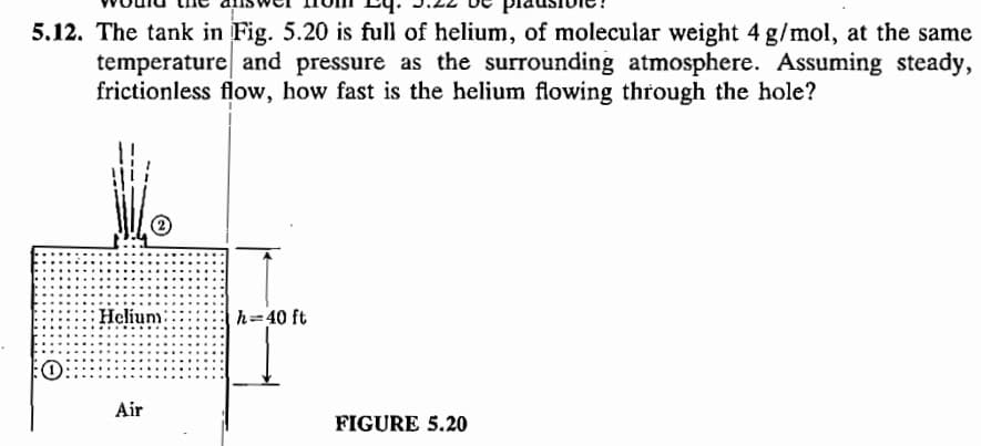 5.12. The tank in Fig. 5.20 is full of helium, of molecular weight 4 g/mol, at the same
temperature and pressure as the surrounding atmosphere. Assuming steady,
frictionless flow, how fast is the helium flowing through the hole?
Helium:
Air
h=40 ft
FIGURE 5.20