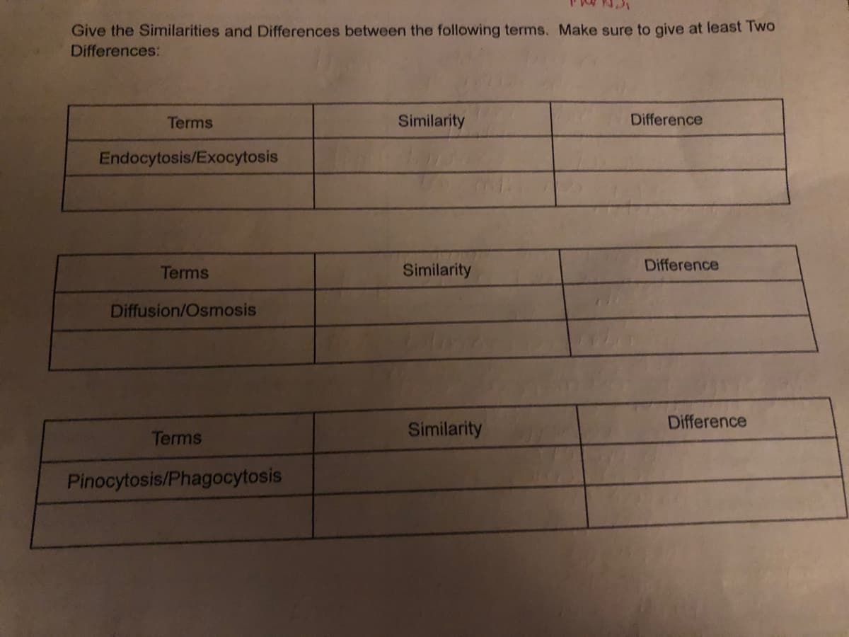 Give the Similarities and Differences between the following terms. Make sure to give at least Two
Differences:
Terms
Similarity
Difference
Endocytosis/Exocytosis
Difference
Terms
Similarity
Diffusion/Osmosis
Difference
Similarity
Terms
Pinocytosis/Phagocytosis
