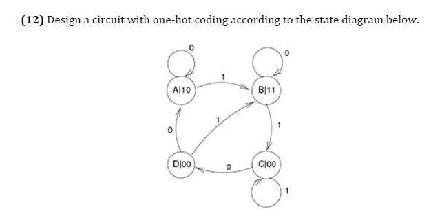(12) Design a circuit with one-hot coding according to the state diagram below.
A|10
B|11
Dj00
Cjo0
