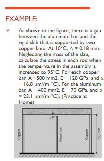 EXAMPLE:
9.
As shown in the figure, there is a gap
between the aluminum bar and the
rigid slab that is supported by two
copper bars. At 10°C, A = 0.18 mm.
Neglecting the mass of the slab,
calculate the stress in each rod when
the temperature in the assembly is
increased to 95°C. For each copper
bar, A= 500 mm2, E = 120 GPa, and a
= 16.8 μm/(m °C). For the aluminum
bar, A = 400 mm2, E = 70 GPa, and a
= 23.1 μm/(m ·°C).
Home)
(Practice at
Copper
Aluminum
Copper
750 mm